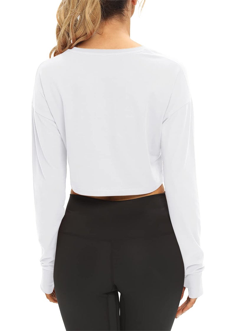 Mippo Long Sleeve Crop Top Workout Shirts Athletic Gym Active Wear Loose Cropped Sweaters Oversized Tshirts White S - Image 2